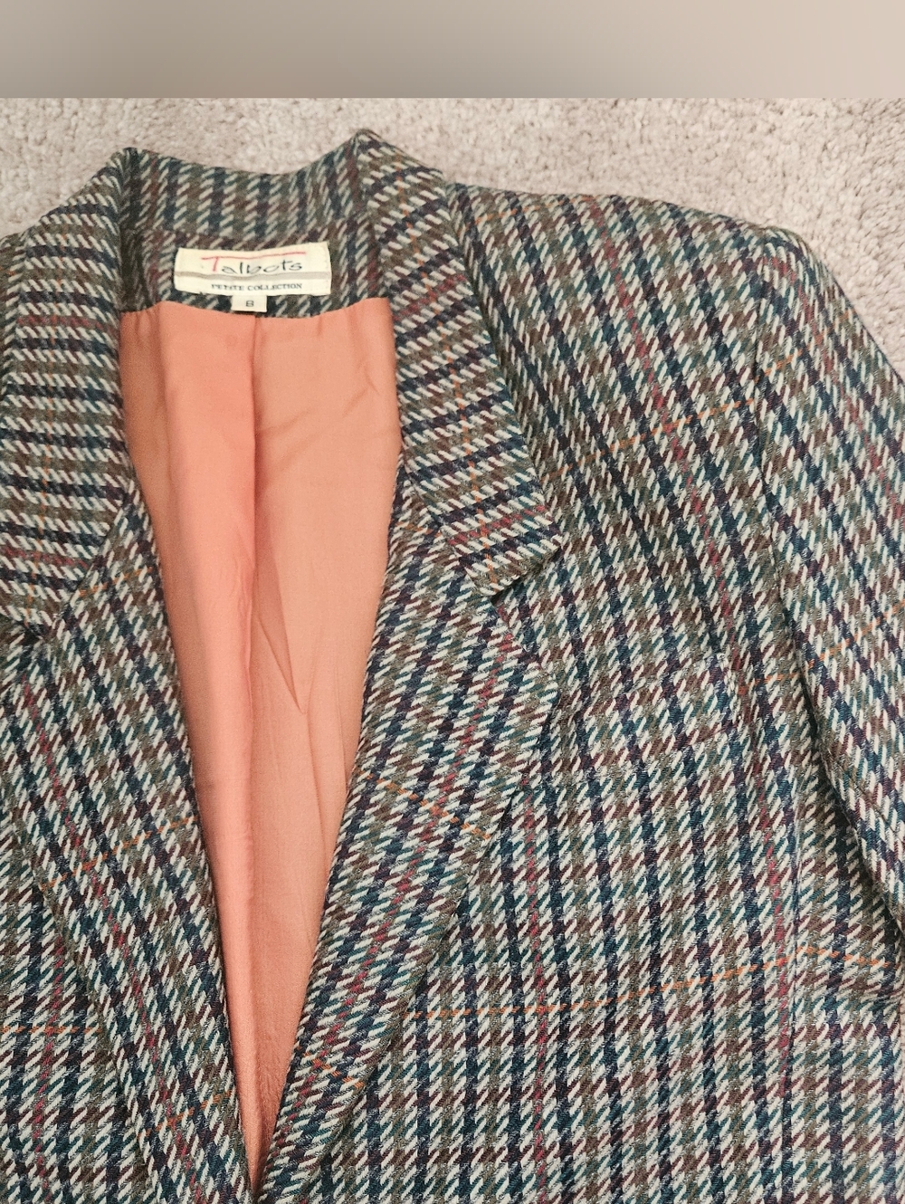 Talbots Vintage Houndstooth Multi Colored Wool Blazer Jacket 8P Shoulderpads